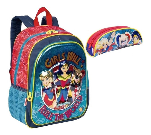 Mochila Costas Dc Super Hero Girls Com Estojo Sestini Cor Azul