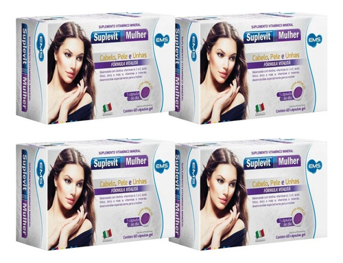 4 Cx Suplevit Mulher Cabelo, Pele E Unhas De 60 Cáps Cd
