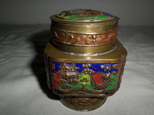 Antigua Caja Te De Bronce Esmaltado China 1930 Tea Caddies