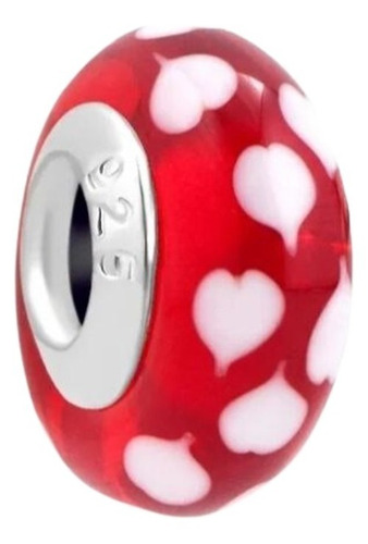 Dije Plata S925 Murano Rojo Corazones Blancos Para Brazalete