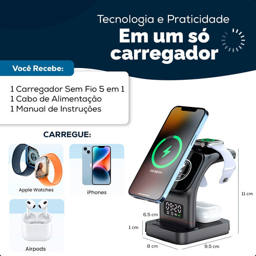 Carregador 15w Indução Magnético 5 Em 1 S/ Fio Turbo Celular