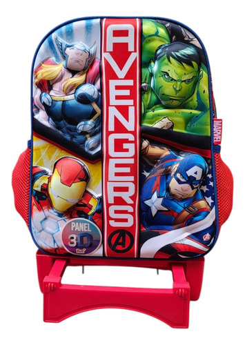 Mochila Infantil Kinder Con Carro Marvel Avengers 3d Ruz Azul Impresión