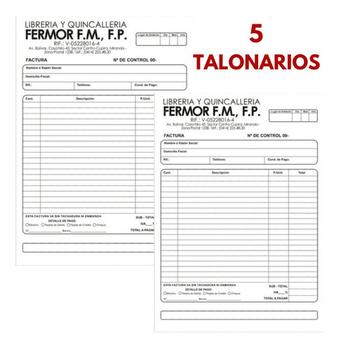 5 Talonarios De Factura Media Carta Original Y Copia Con Log