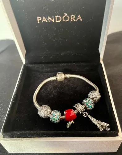 Pulseira Pandora Original 17cm Com Berloques Cx Porta Joias
