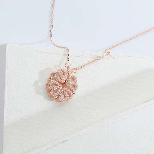 Imagen 10 de 10 de Collar Doble Vista Dorado Rosa Dije Corazones Trébol Mujer