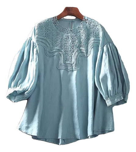 Blusa Retro De Lino Y Algodón Con Manga De Farol Para Mujer,