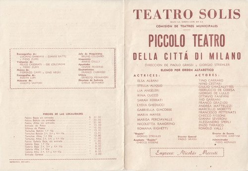 1954 Programa Piccolo Teatro Milano En Teatro Solis Uruguay 