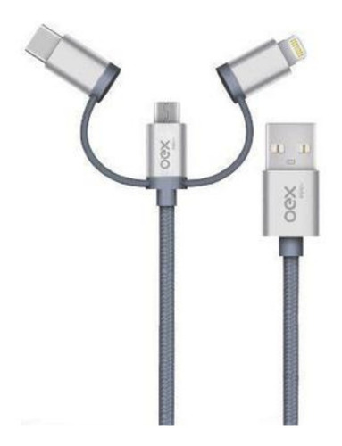 Cabo Usb Com 3 Adaptadores Atado Micro Usb Type C Lightning Cor Cinza