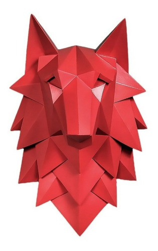 Quadro Lobo Vermelho Escultura Geométrica Decoração Resina