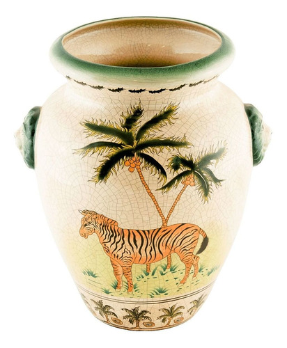 Vaso Em Cerâmica Craquelê, Com Pintura Zebra E Coqueiros