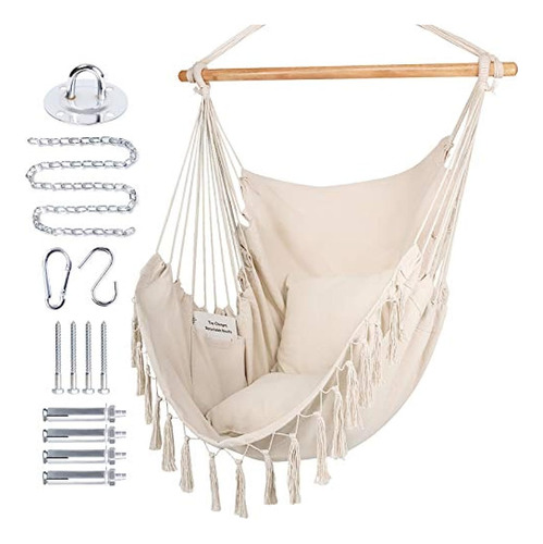 Hamaca Tipo Silla Colgante De Macramé Y Algodón, Color Beige