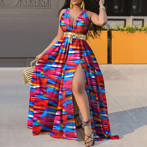 Vestido De Playa Largo Estampado Con Escote En V Para Mujer