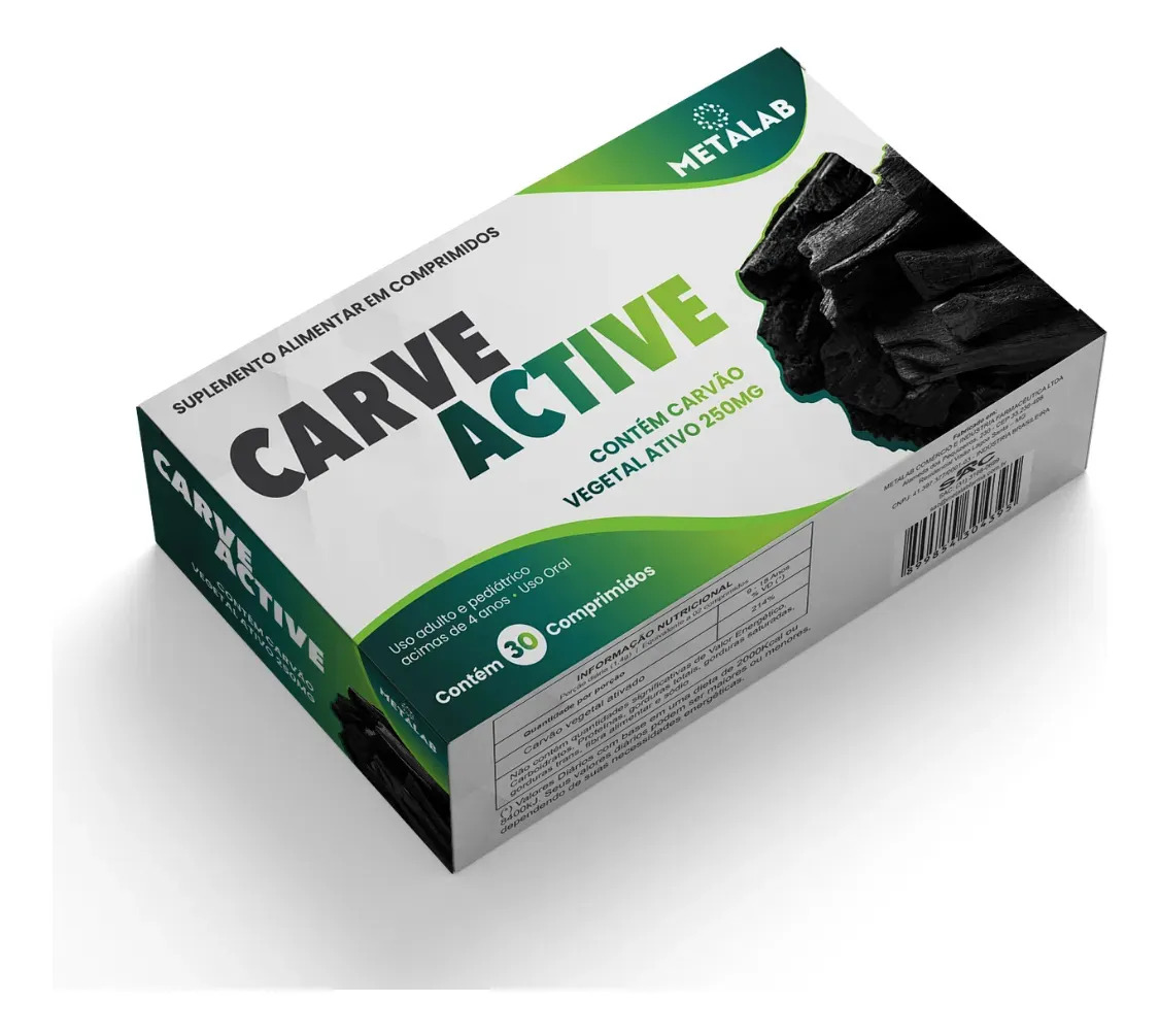 Carvão Vegetal Ativado Natural Metalab 250mg 30 Cápsulas Desintoxicação