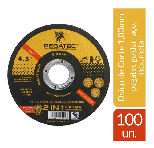 Disco Corte Inox Pegatec 4 1/2 X 1,0mm Esmerilhadeira 100 Pç