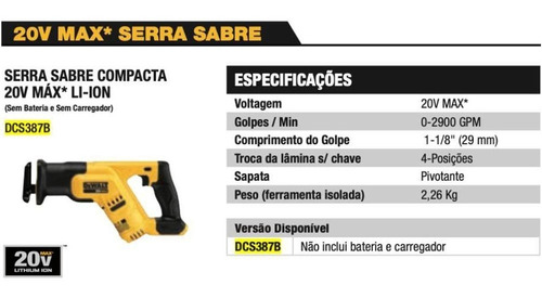 Serra Sabre Compacta 20v Max Li-ion - Dcs387b Dewalt
