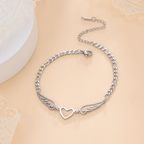 Imagen 6 de 7 de Tobillera Pulsera Mujer Corazón Alas Acero Plata Amor Trendy