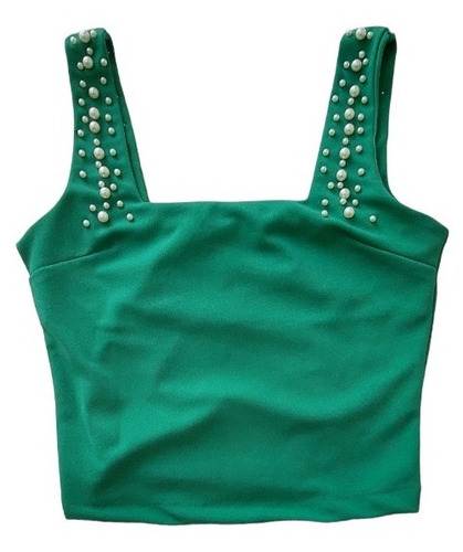 Blusa Sin Mangas, Tirantes De Perlas, Color Verde