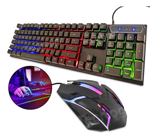 Kit Teclado Y Mouse Gamer Negro Retroiluminado Luces Led Rgb