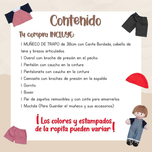 Imagen 4 de 4 de Muñeca De Trapo Con Vestidos Juguete Didáctico Regalo Niña
