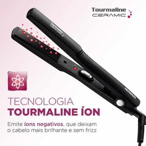 Chapinha Prancha Alisadora Tourmaline Ceramic P-15 até 220°C Compacta Preta Mondial