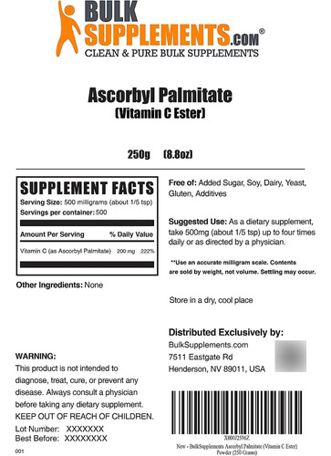 Bulksupplements Ascorbyl Palmitato En Polvo Éster De Vitamina C, Palmitato De Ascorbilo 500 Mg Por Porción, 250 G