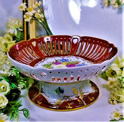  Frutera Vintage Porcelana Reticulada Rojo Laca Paris Royal