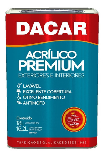 Pintura Latex Acrílico Dacar Premium Interior Exterior 18l