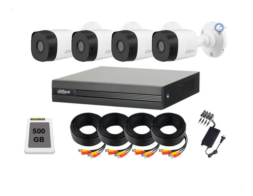 Imagen 1 de 6 de Kit Cctv 4 Camaras 720p Dahua Cables 20 Mt 1 Mpx Disco 500gb
