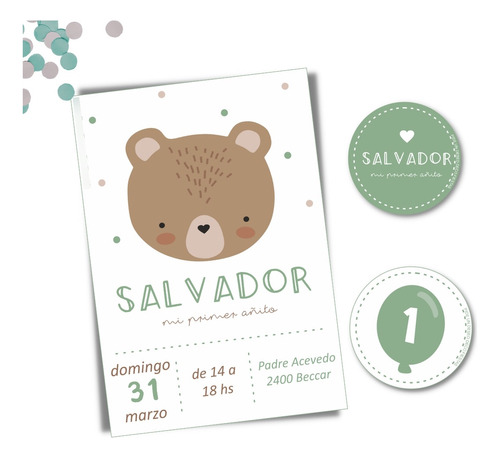 Kit Imprimible Oso Escandinavo Primer Año - Bautismo - Deco