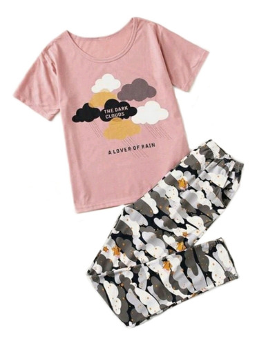 Conjunto De Pijama Pantalón Con Estampado De Nubes