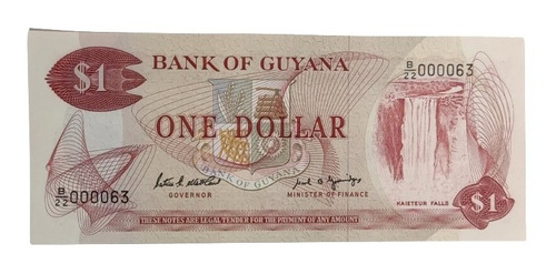 Billete 1 Dólar Serial Bajo 000063 1989 Guyana Unc