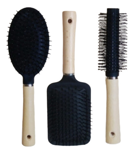 Set X 3 Cepillos De Pelo Con Mango De Madera Bamboo