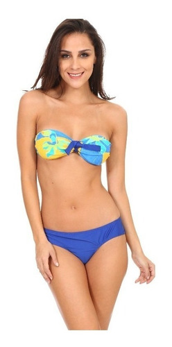 Morena Santa Bikini Strapless Azul Y Amarillo Con Moño