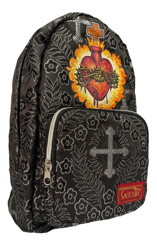 Mochila Mini Brocado Litúrgico Negro Y Oro Corazón De Jesús