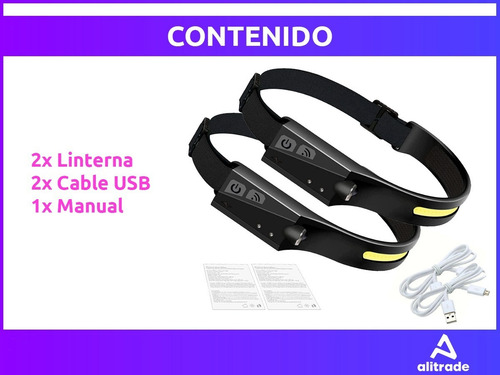 Imagen 6 de 6 de Set X 2 Linterna Minero Led Recargable Usb Vincha Sensor