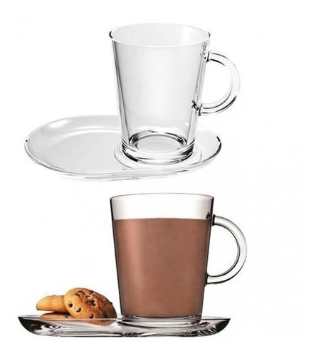 Taza Jarro Vaso Mug C/plato Vidrio Set X 2  400cc Importado