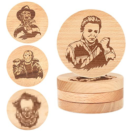 Whaline 4pcs Halloween Wood Coaster Horror Película Y6zgh