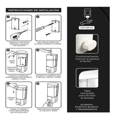 DISPENSADOR DE JABÓN O GEL DE PARED 500 ML | soluenvases