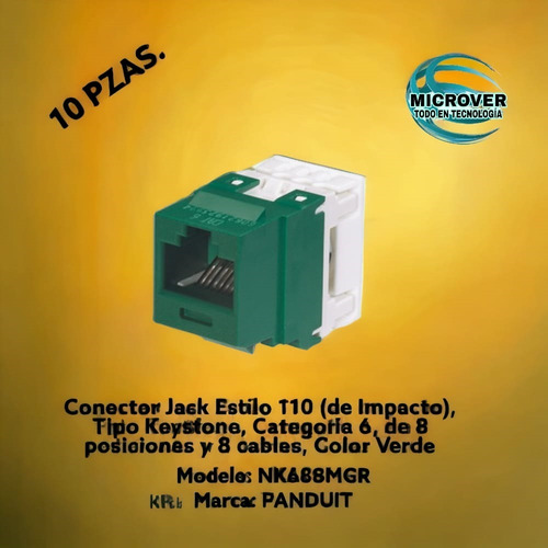 Panduit, Conector Jack Cat6 Estilo 110 Verde 10pza, Nk688mgr