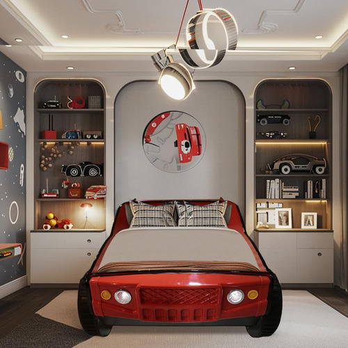 Base De Cama Individual Hmfule Forma De Carro C/ruedas Rojo