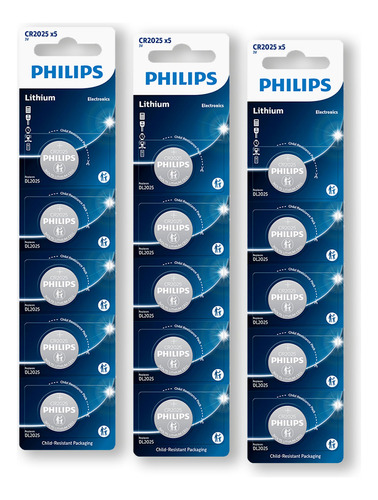 15 Pilhas Philips Cr2025 3v Bateria Original Moeda 3 Cartelas