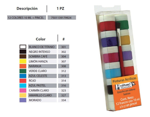 Kit Pinturas Acrílicas Politec 12 Colores 10 Ml C/u Y Pincel