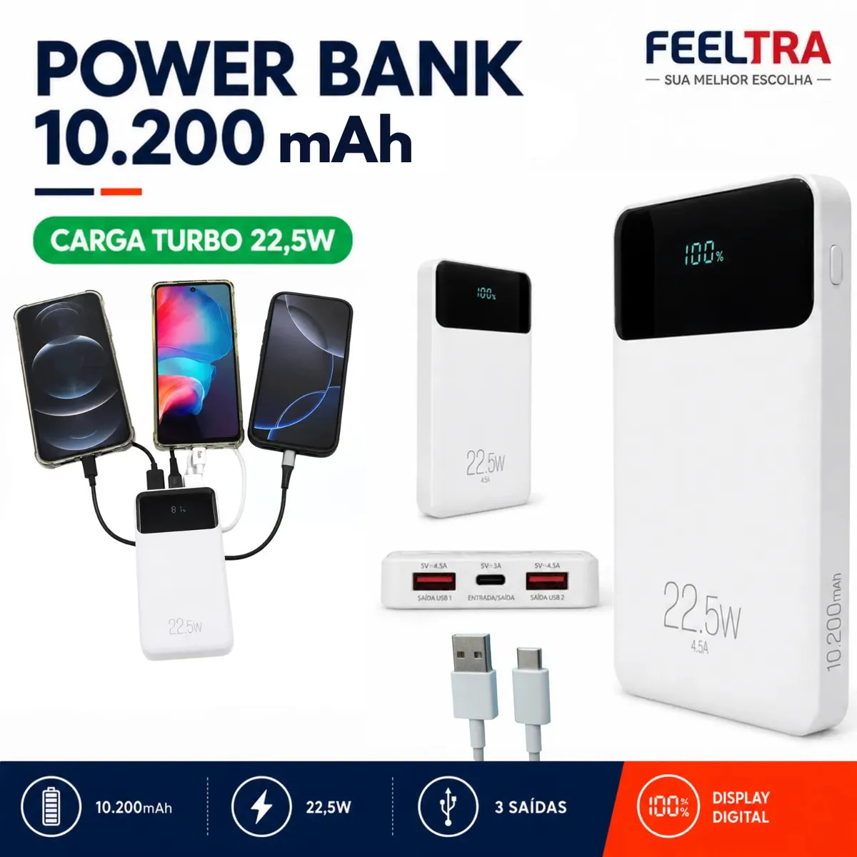 Power Bank Portátil FEELTRA 10.200mAh 22.5W Turbo para Celular com 3 Saídas