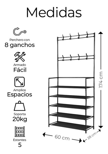 Perchero Zapatera 2 En 1 Organizador Rack Estante Ganchos