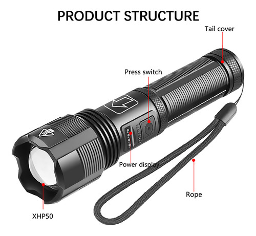 Linterna I Xhp50, Pantalla De Alimentación, Carga Usb, Fuert