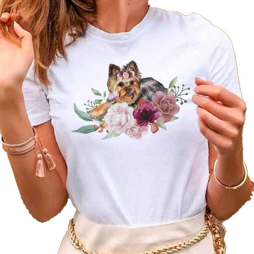 Remera Dama Mujer Street Mascota Con Flores Perro Perrito 03