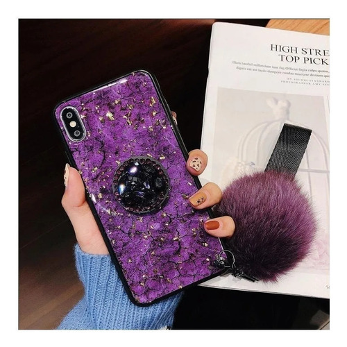 Imagen 7 de 10 de Funda Compatible Con Moto Marmol Pompon Correa Colgante Dama