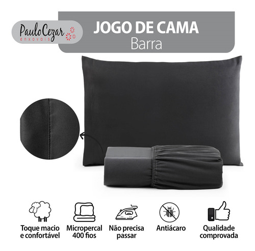 Jogo Roupa Cama Lençol Solteiro 400 Fios 2 Peças Barra Hotel Cor Chumbo Desenho do tecido Liso