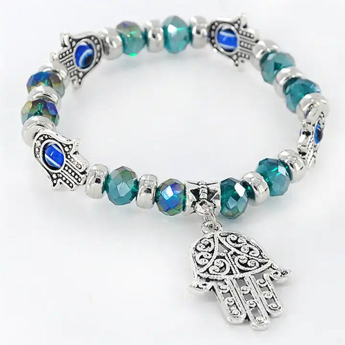 Pulsera Mujer Cuencas Mano De Fatima Hamsa Ojo Turco Verde