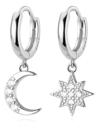 Aretes Colgantes Plata 925 Con Estrella Y Luna Aretes Colgan